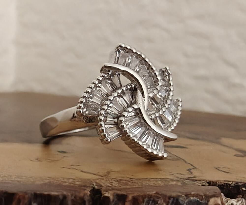 925 Sterling Silver Baguette White CZ Signed Cocktail Ring